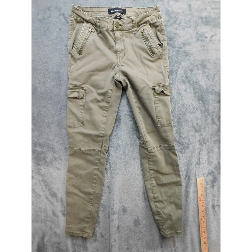 Ashley Mason Pants Womens 7/28 Green Cargo Tapered Twill Stretch Zip Flat Front
